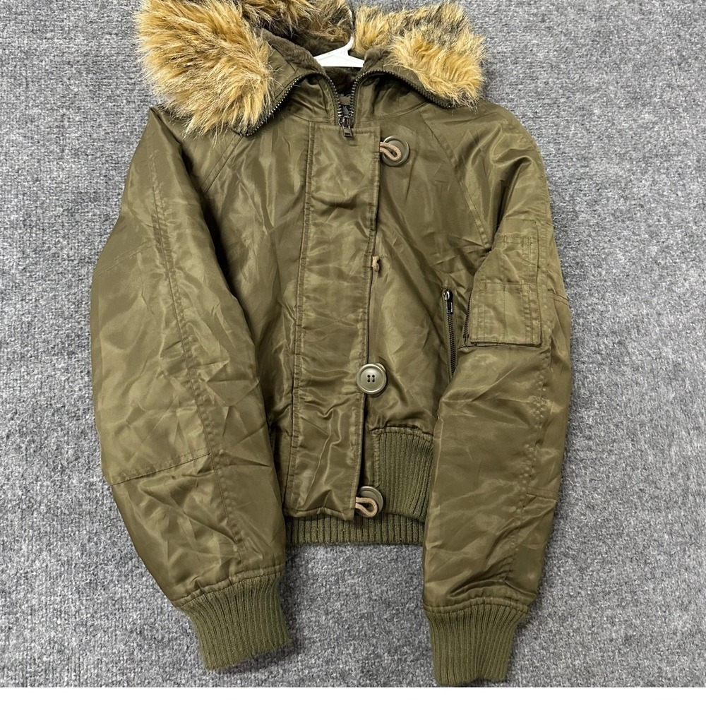 Unbranded Bomber Jacket Womens Size S Olive Green Faux Fur Hooded Flight Coat